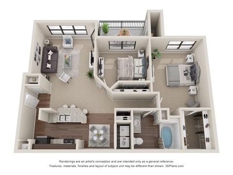 Floor plan for 2 beds, 1 bath, 917 sqft